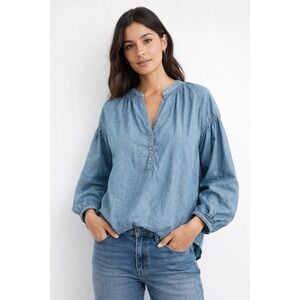 Vanessa Bruno Blouse Women M Blue Smocked Henley Balloon Sleeve V Neck Popover